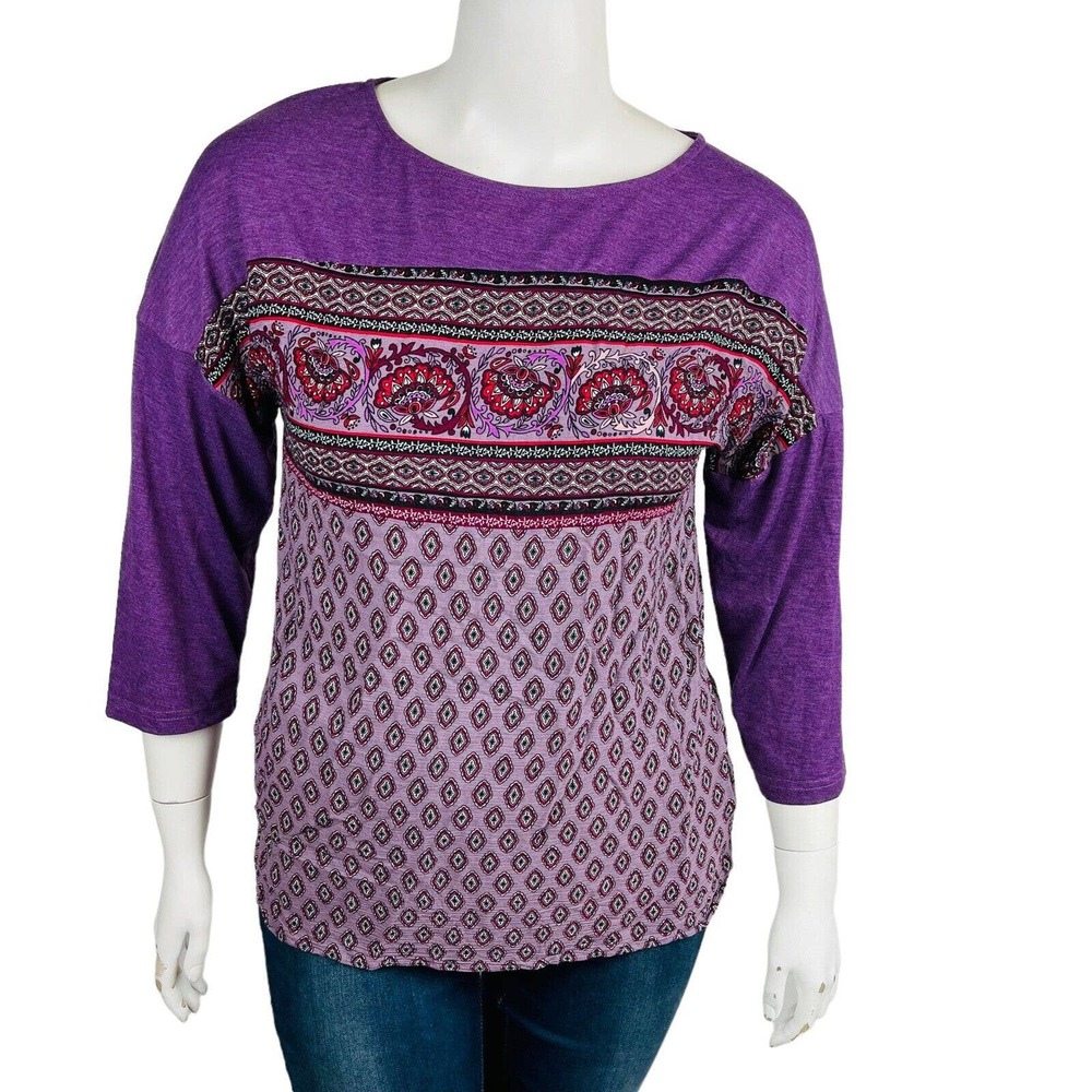 Susan Betro Weekend Womans‎ Sz XL Floral 3/4 Sleeve Blouse Purple Floral